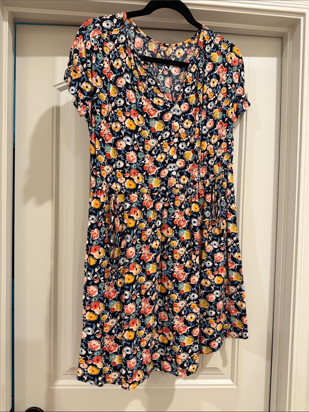LOFT Navy Floral Short Sleeve Swing Dress with Multi-Color Blooms
